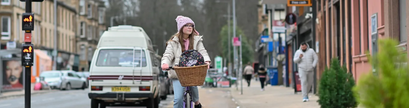 Winter Cycling shoot for Cycling Scotland on South City Cycle Way, Victoria Road, Glasgow.