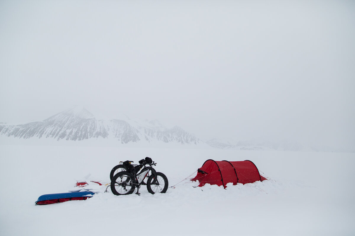 Bike field camp on Union Glacier, on an overcast day