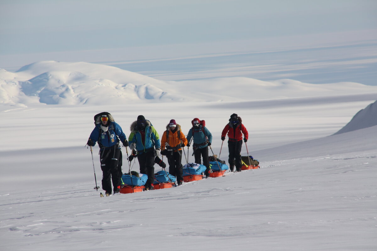 Expedition team approaches the top of the Axel Heiberg Glacier