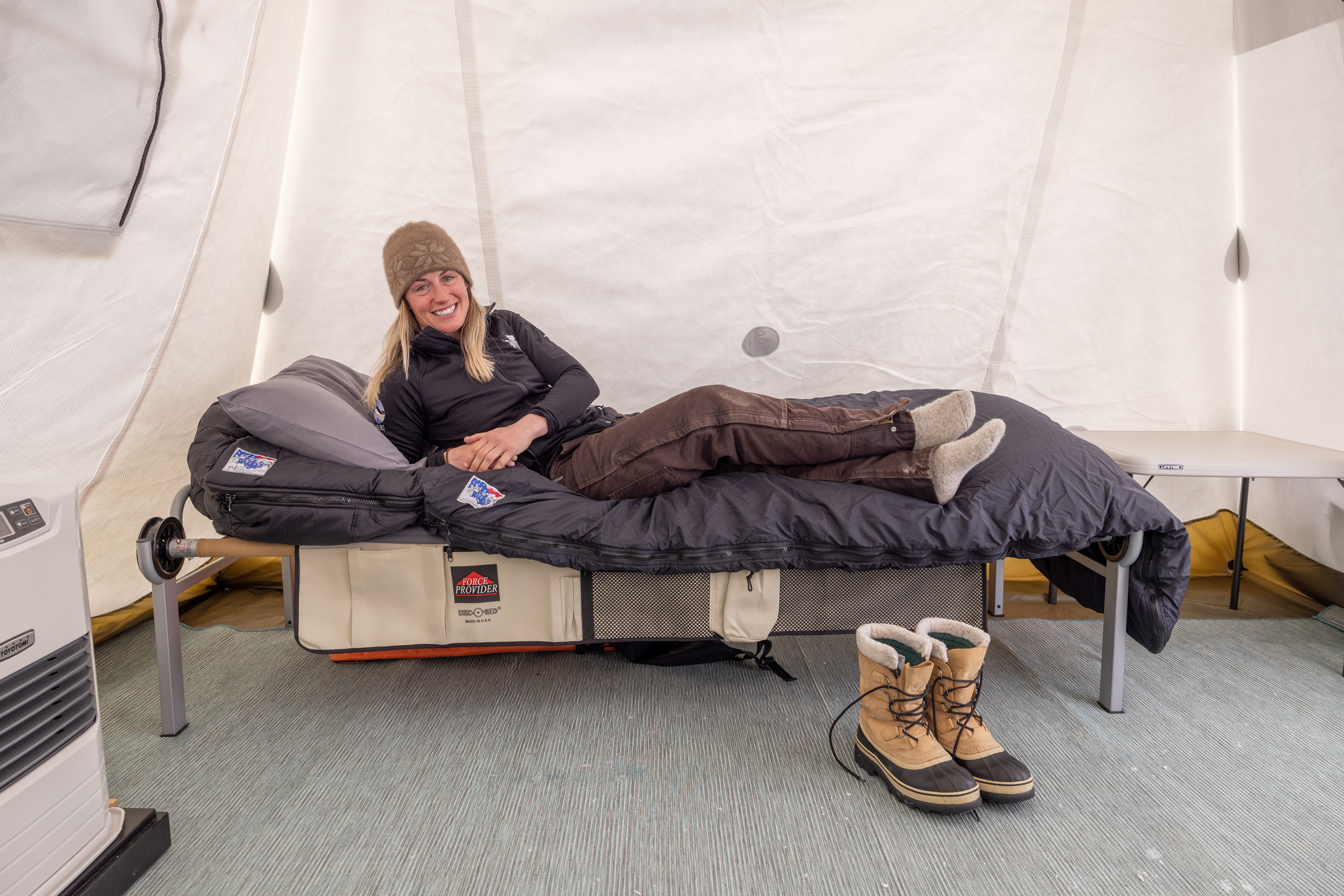 Brittni relaxes in her heated tent